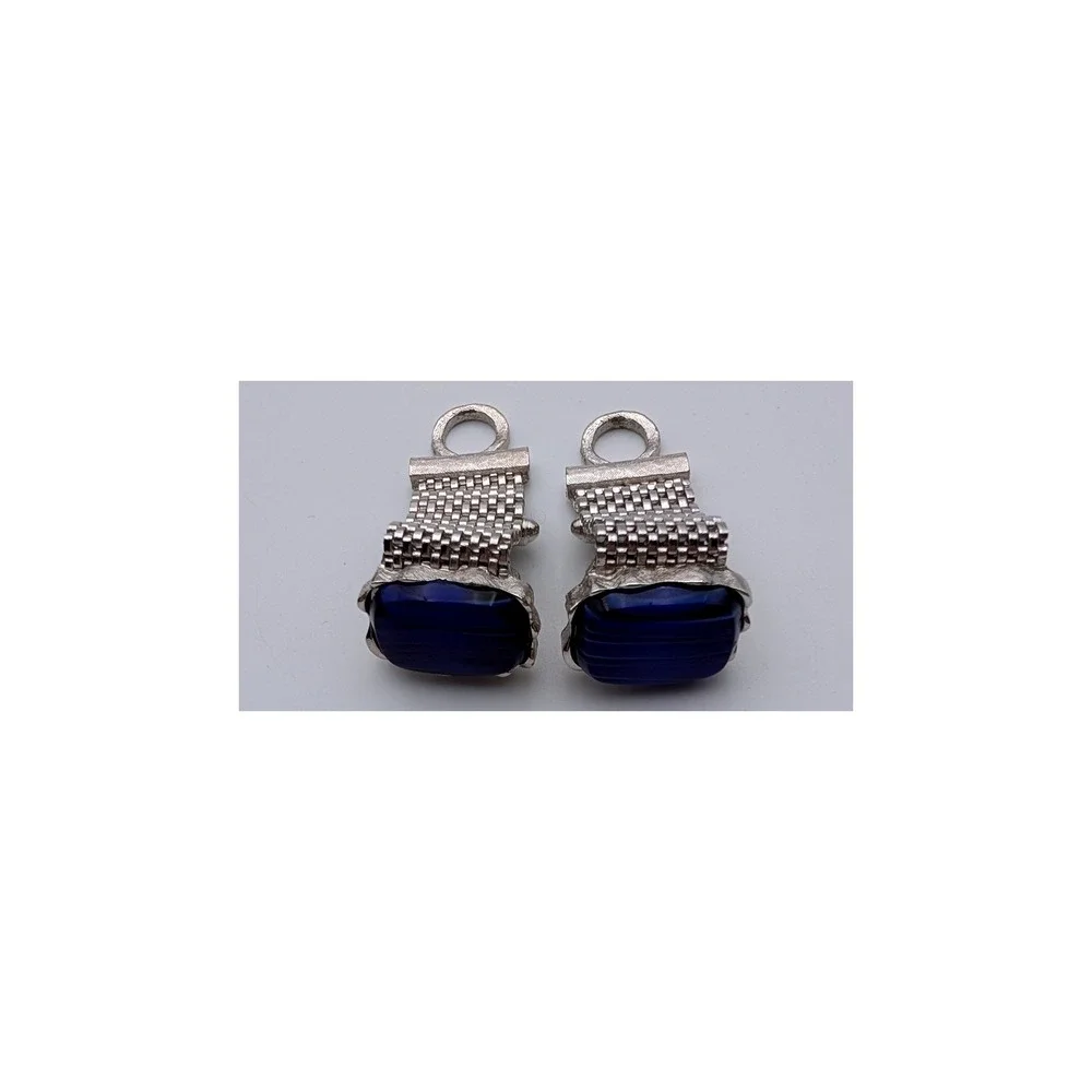 Vintage Silver Tone Mesh Wrap Cufflinks Blue Art Glass Stone Mid Century Modern